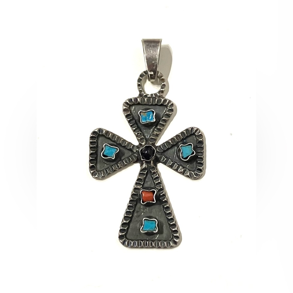 Vintage 925 Mexico Sterling CII Turquoise Cross Pendant